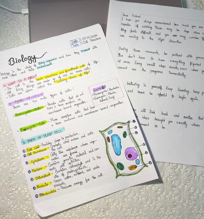handwritten letter, notes and assignments