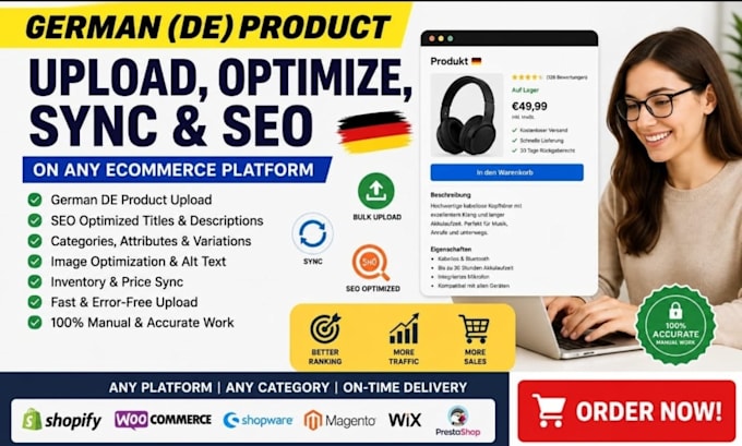 upload optimize sync german de product listings, SEO on any ecommerce platforms