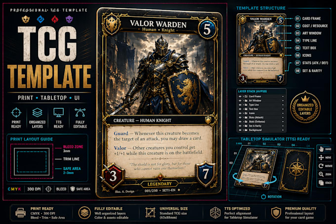 design a professional tcg card template for print and tabletop simulator