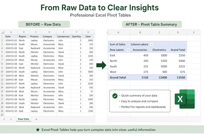 create excel pivot tables, charts and summary reports