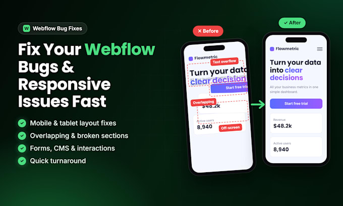 fix webflow bugs, responsive issues and layout errors