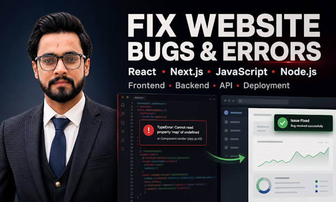 fix website bugs in react nextjs javascript and nodejs
