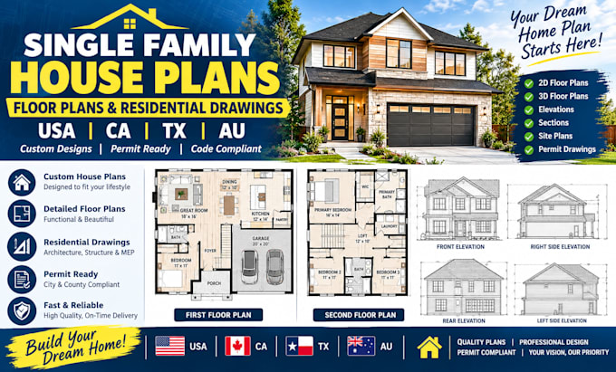 create single family house plans, floor plans and residential drawings USA ca tx