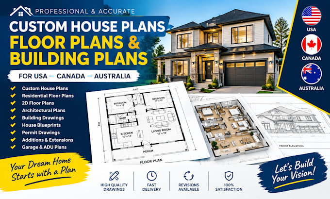 create custom house plans, floor plans and building plans for USA canada austral