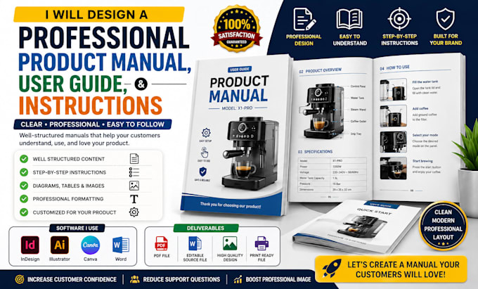 design a professional product manual, user guide, and instructions