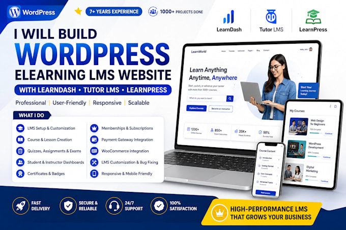 build wordpress elearning lms website with learndash tutor lms learnpress