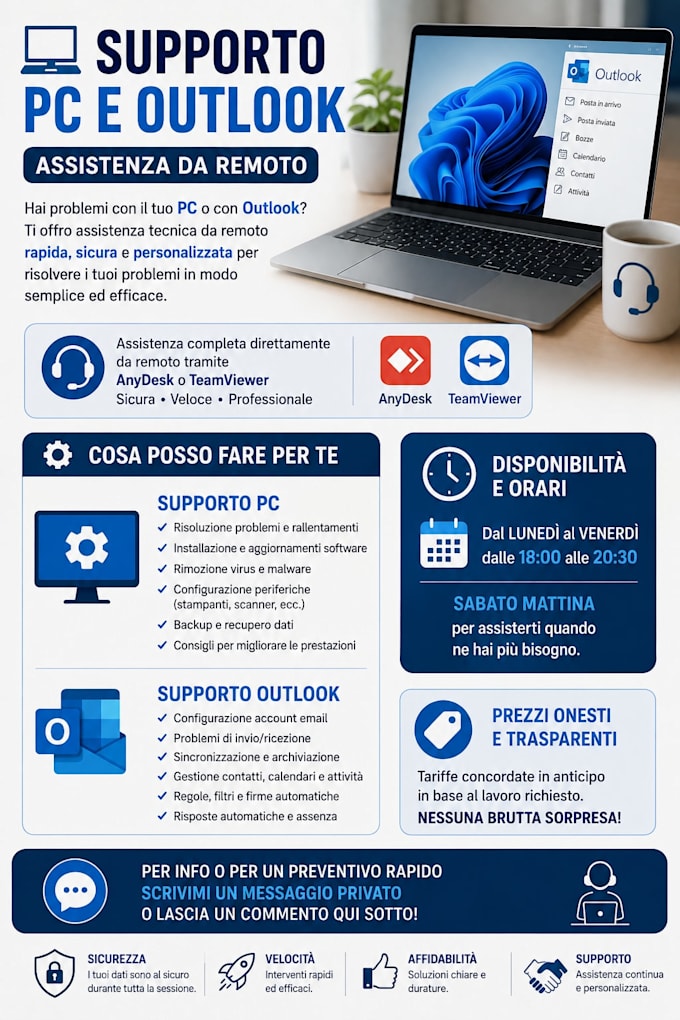 provide remote PC support, fix outlook, and setup cloud backup