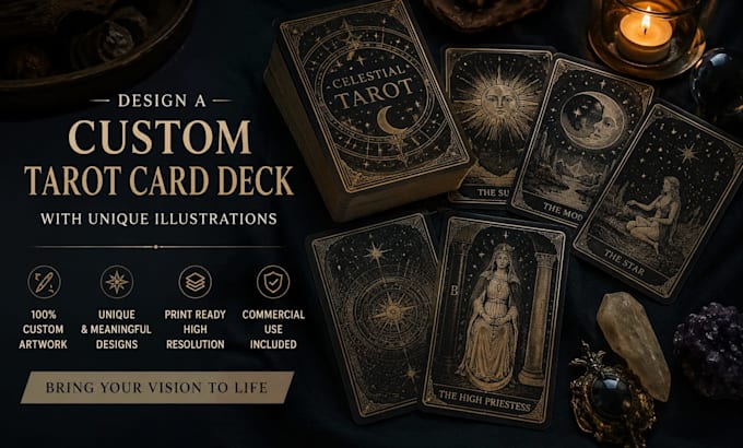 design a custom tarot card deck with unique illustrations