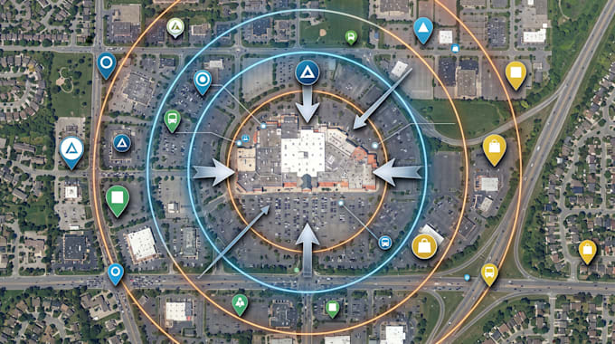 do retail aerial maps with site arrows, logo and label