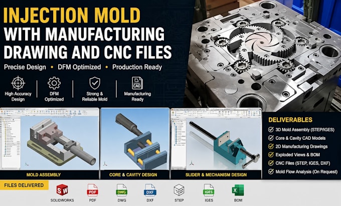 design injection mold with manufacturing drawing and cnc file