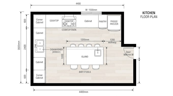draw a detailed 2d kitchen floor plan and layout