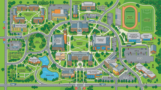 create campus, outdoor property, wayfinding and visitor map