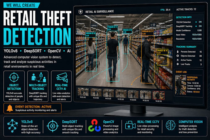create retail theft detection using yolov8, deepsort, and opencv