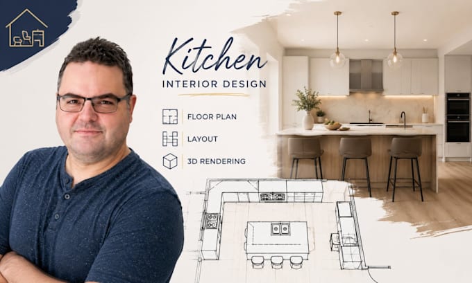 design kitchen interior, floor plan, layout and photorealistic 3d rendering