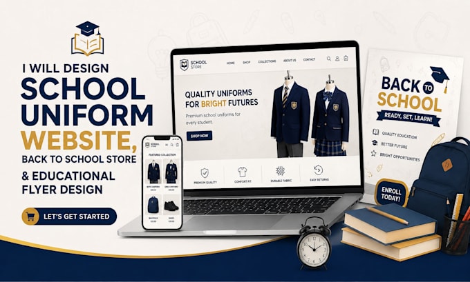 design school uniform website, back to school store and educational flyer design