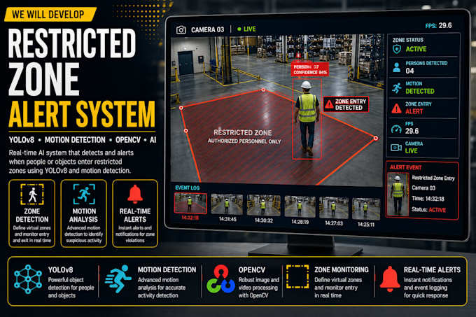develop restricted zone alert system using yolov8 motion detection opencv ai