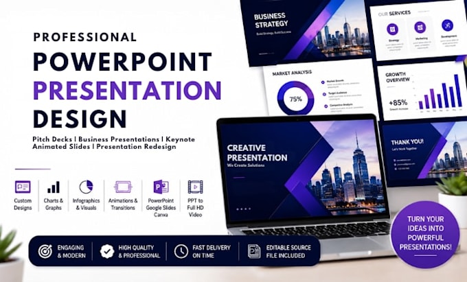 design powerpoint presentation, pptx, pitch deck, keynote and animated slides
