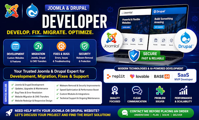 joomla website design replit ai, lovable, base44 saas mvp developer