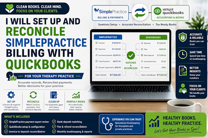 set up and reconcile simplepractice billing with quickbooks for therapy