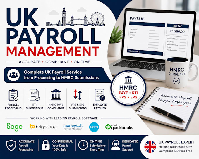 manage UK payroll, hmrc paye, rti, fps, eps submissions and payslips