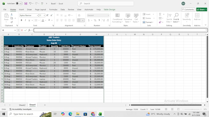 do excel data entry, formatting, formulas and pivot tables