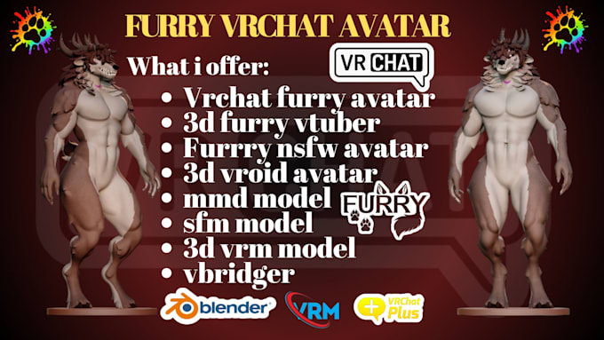 do 3d vrchat avatar anime vtuber model furry nsfw obs streaming avatar comission