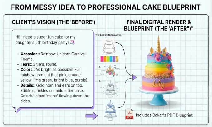 create a custom digital cake mockup and bakery blueprint for your event