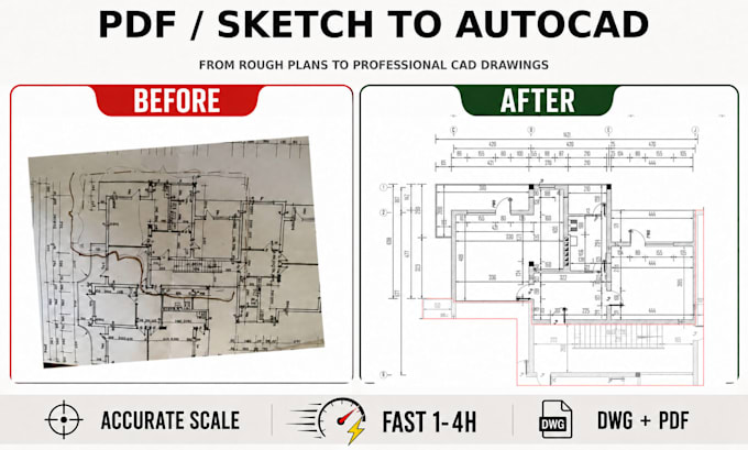 quickly convert PDF, image, or sketch to autocad floor plans in 24 hours