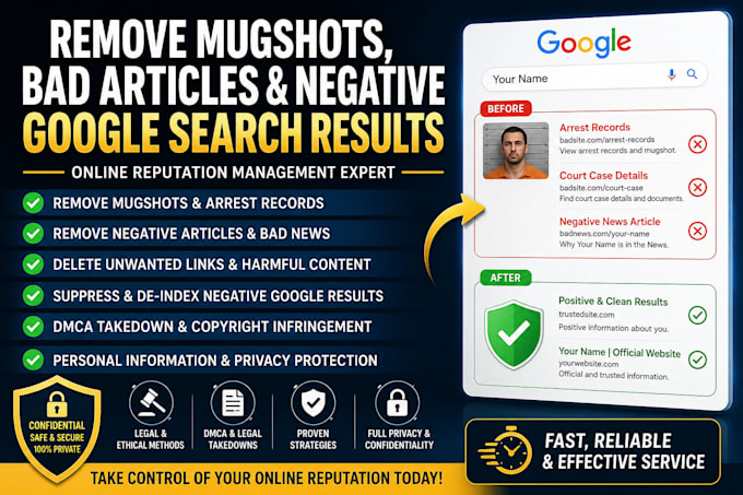 help remove mugshot, negative articles, bad news,unwanted links from google