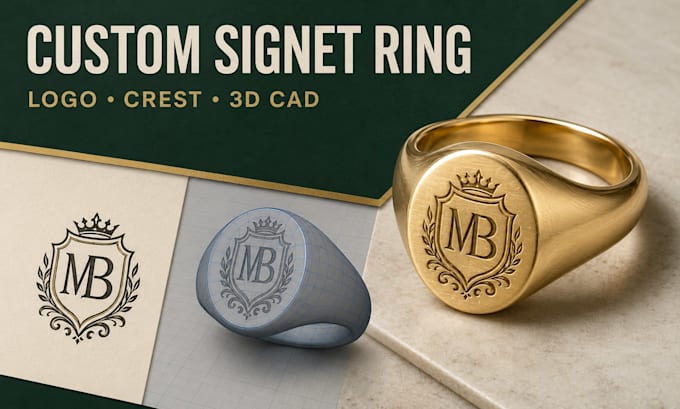 design custom signet ring cad, engraved brand logo ring for 3d printing