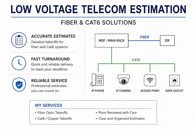 do low voltage telecom estimation for fiber cat6 and IT rooms