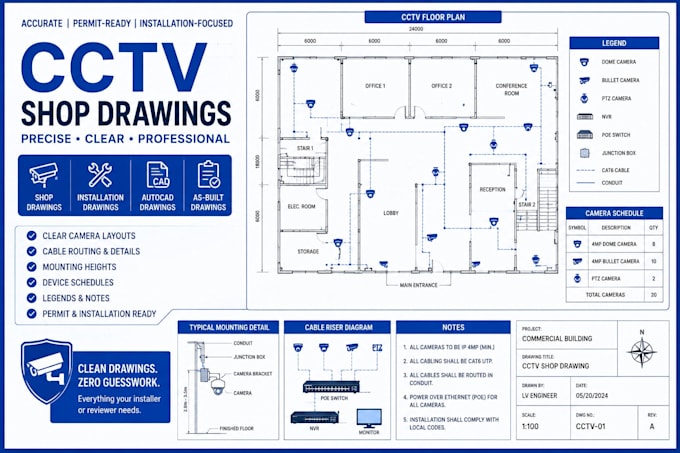 cctv shop drawing, cctv autocad as built drawing, installation cad