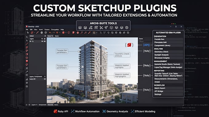 develop custom sketchup plugins, ruby API extensions and 3d automation tools