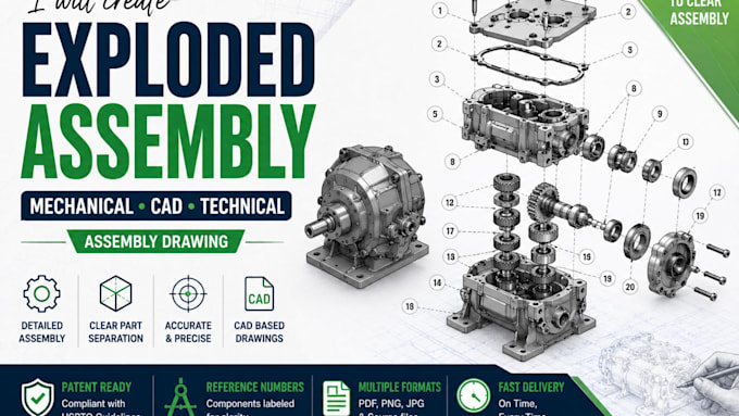 exploded assembly drawing mechanical cad patent technical drawing exploded view