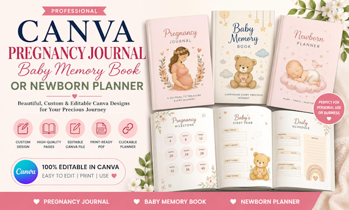do canva pregnancy journal, canva baby memory book canva newborn planner journal