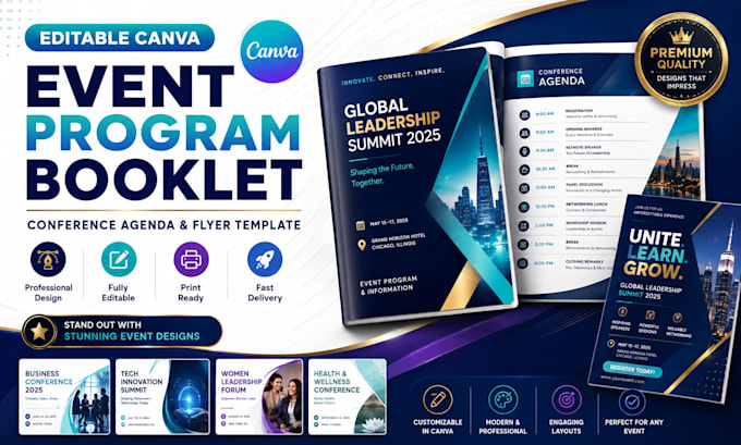 do editable canva event program booklet conference agenda and flyer template