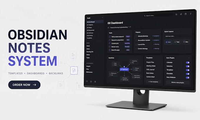 design obsidian notes system with templates, dashboards, backlinks and plugins