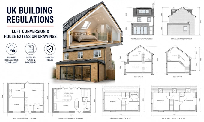 create UK building regulations loft conversion  and house extension drawings
