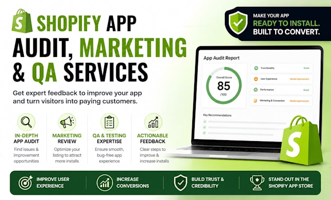 do shopify app audit, shopify app marketing and shopify app qa