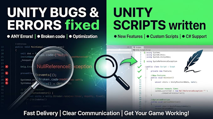 fix unity bugs and errors and write unity scripts