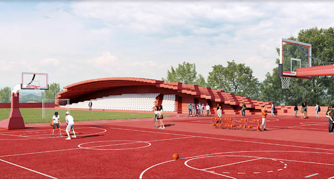 design 3d sport complex and facilities, stadiums, pickleball courts gym, render