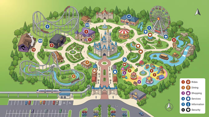 design custom 2d and 3d illustrated theme park map, zoo map and attraction maps