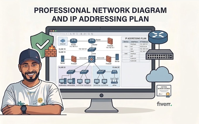 create a professional network diagram and IP addressing plan