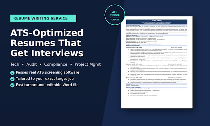 write an ats optimized resume for tech audit compliance or pm roles