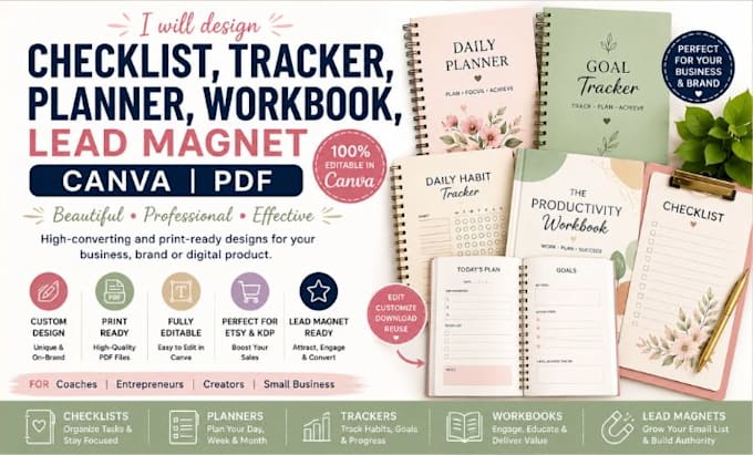 design checklist, tracker, planner, workbook and lead magnet canva PDF