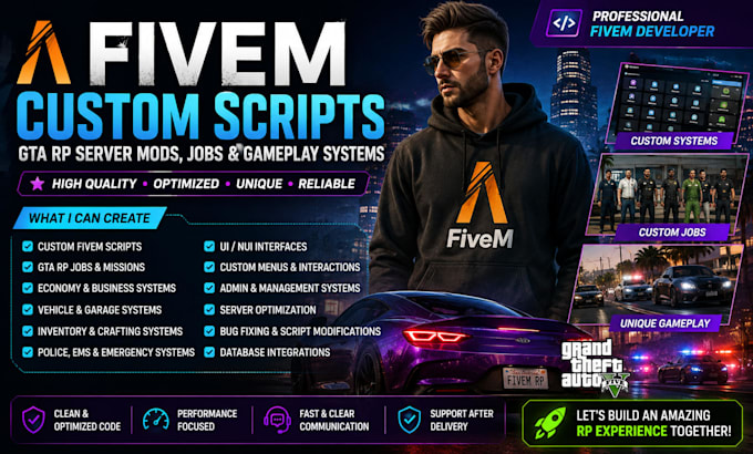 create custom fivem scripts, gta rp server mods, jobs, and gameplay systems