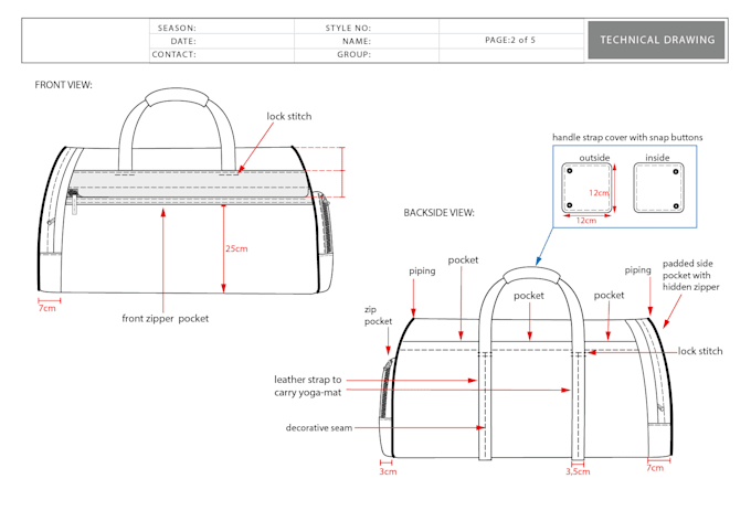 make technical sketches of your travel bag, weekender