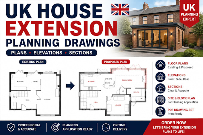 create UK house extension planning drawings for planning permission