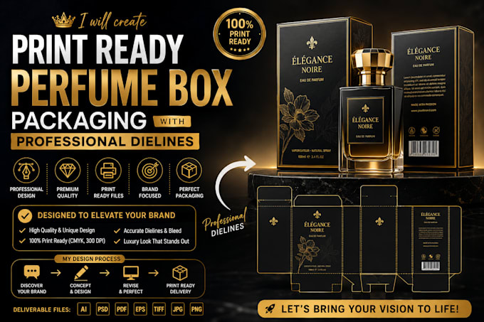 create print ready perfume box packaging with professional dielines