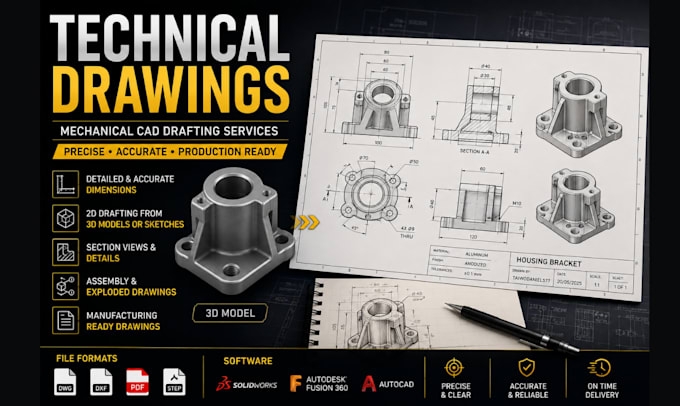 create professional technical drawings, mechanical drawings and cad drafts